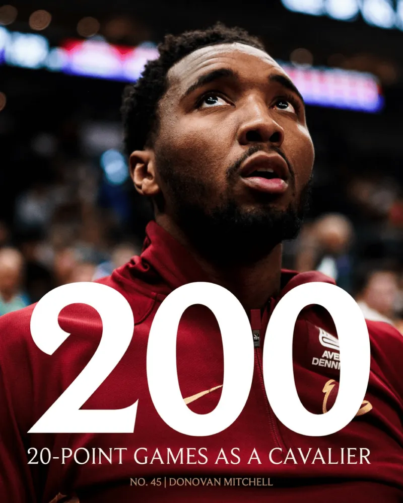 广发体育-骑士官方：米切尔骑士生涯第200场20+得分达成，队史第五位